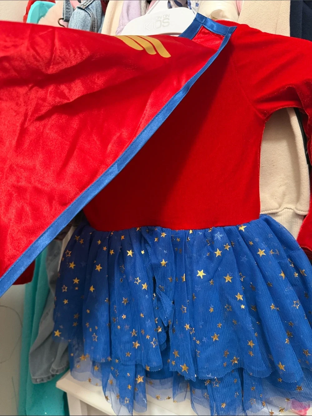 Girls' Red & Blue Superhero Dress with Gold Accents
